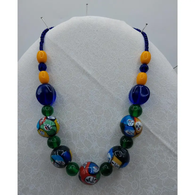 Large Art Glass Bead Necklace-Blues Orange