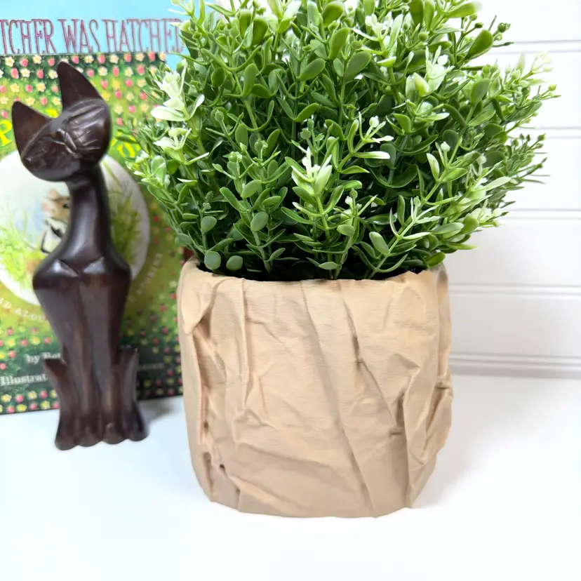 Crumpled Paper Pot, Cachepot Planter, Square Indoor Tabletop Plant Pot, Wrinkled Brown Bag Look