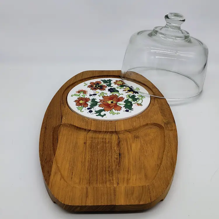 Dolphin Teak Wood Cheese Board & Glass Dome Cover