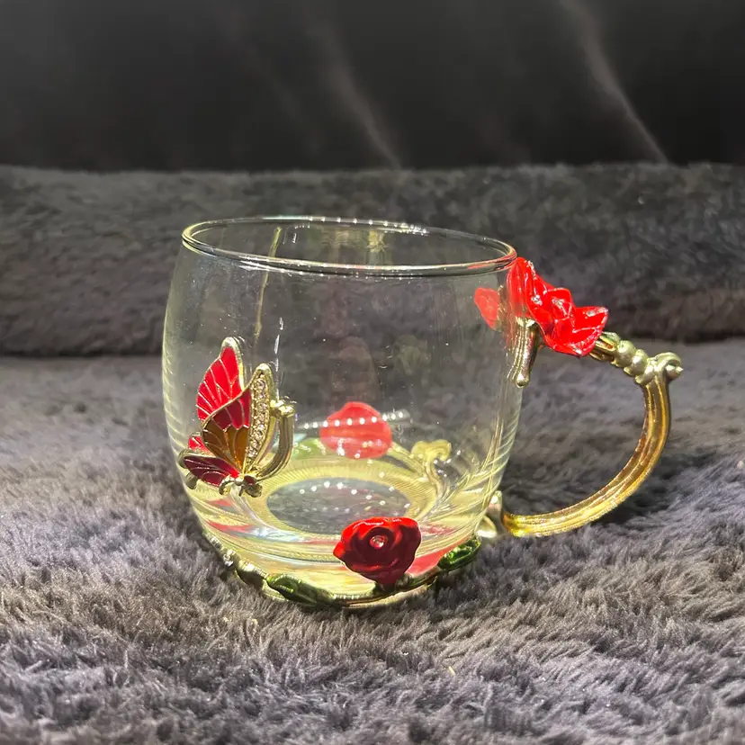 Beautiful Enamel  Red Rose & Butterfly W/ Crystals Glass Tea Mug