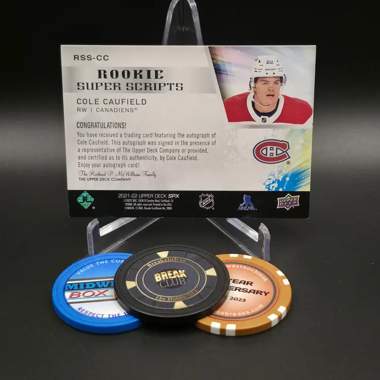 Cole Caufield Rookie Auto 2021-22 Upper Deck SPx Hockey Rookie Superscripts Auto Insert Card #RSS-CC - Montreal Canadiens