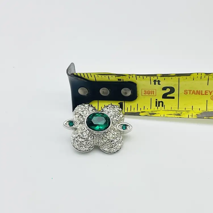 Vintage Green Rhinestone Bolo Tie Slide Silver Tone Four Leaf Design Mid Century 11898