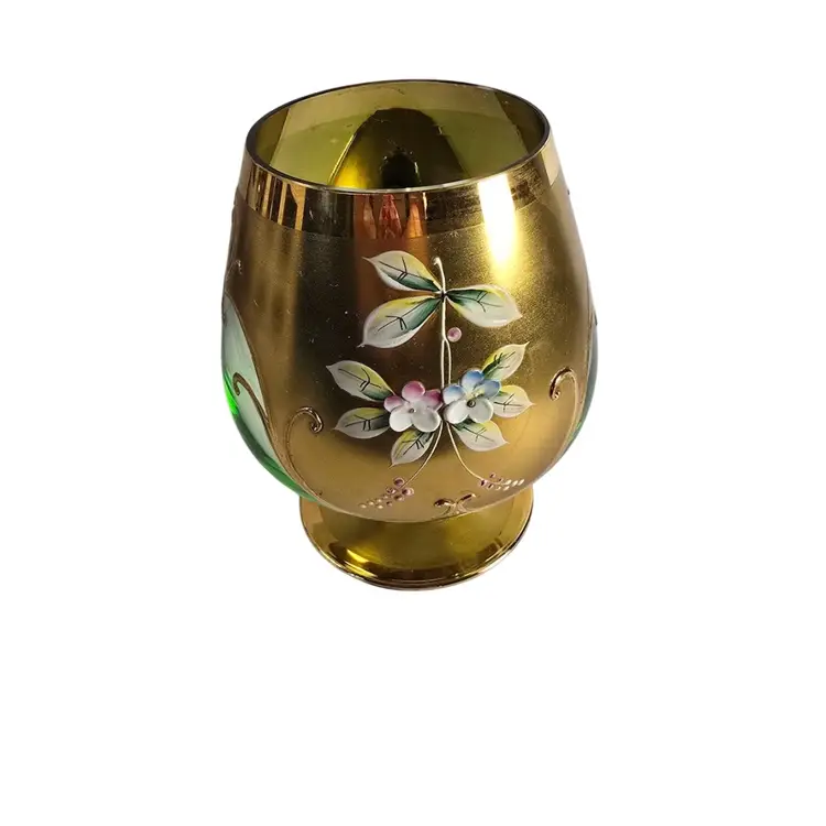 Vintage Small Bohemian Glass Brandy Snifter Green Glass Heavy Gold Raised Flowers