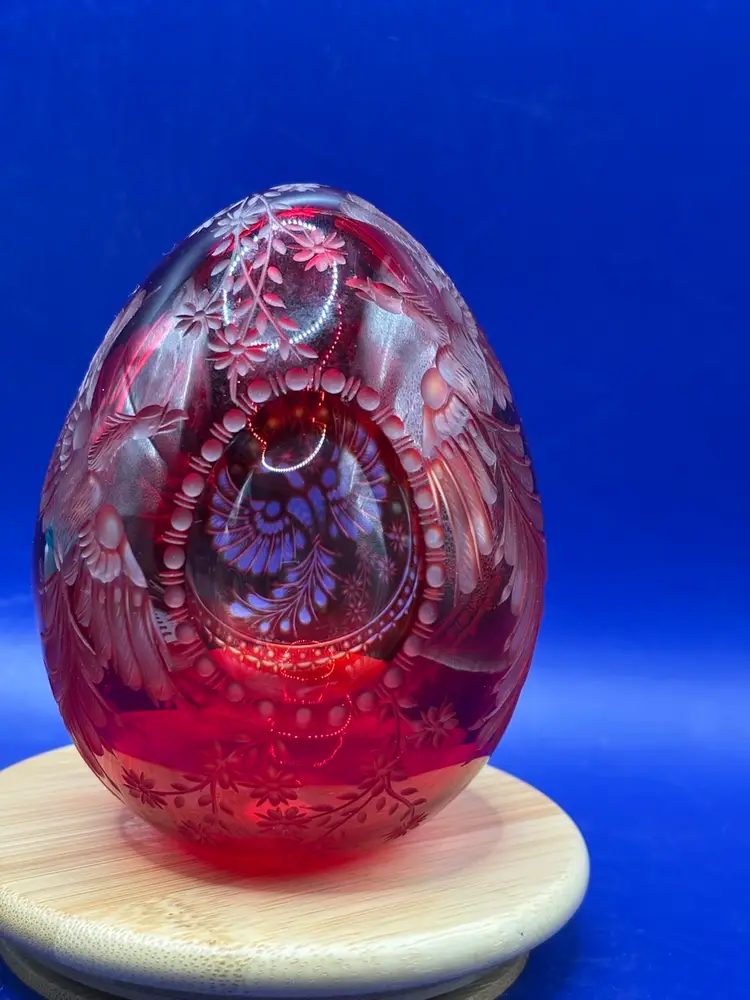 Cranberry Red Cut To Clear Glass Egg Featuring Eagles St Petersburg Russia