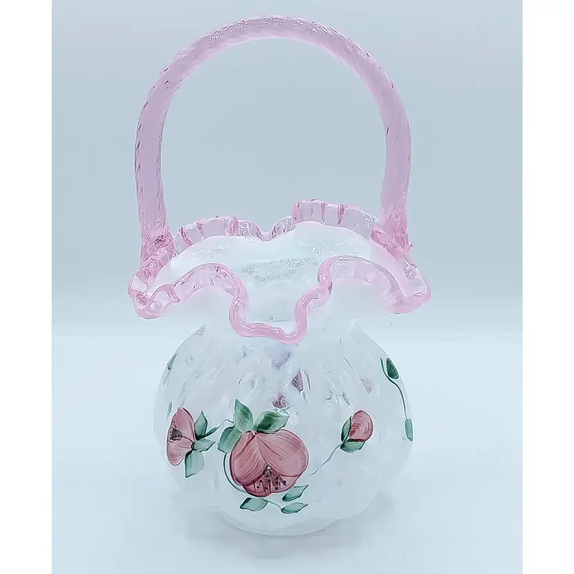 Vintage Fenton Hand Painted & Signed, 1996 TRELLIS PINK CREST, FRENCH OAPLESCENT MELON BASKET-RARE Shape!!