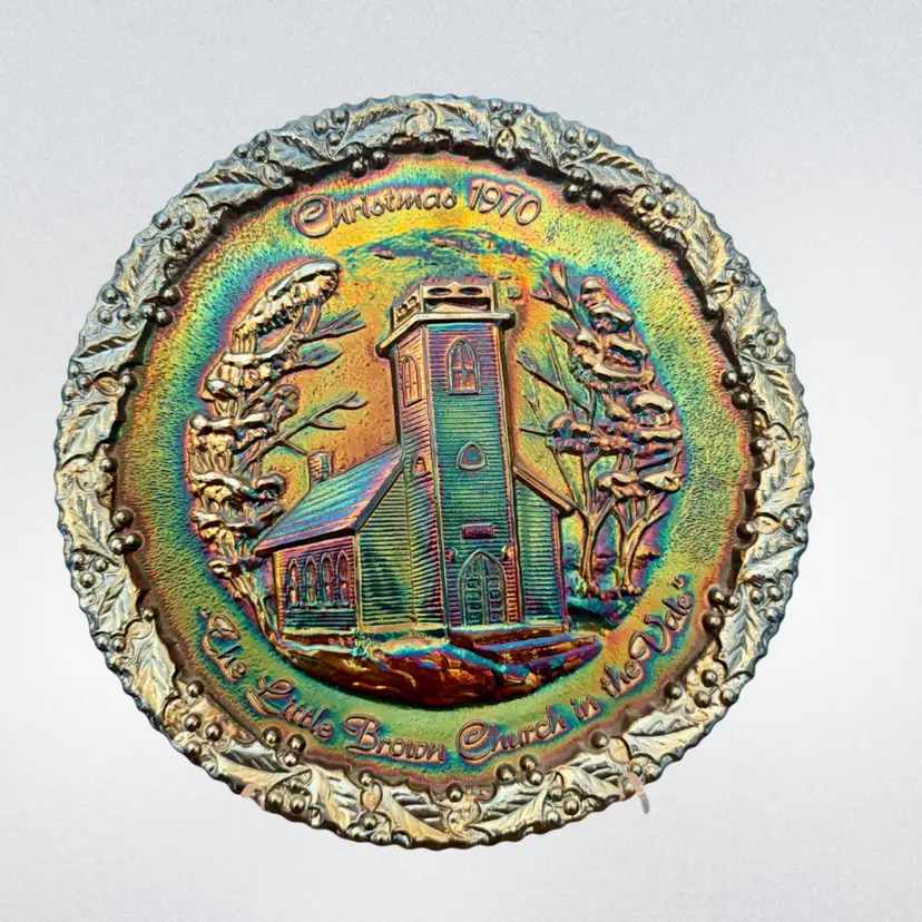 Fenton Purple Carnival "The Little Brown Church in the Vale" Christmas 1970 Plate