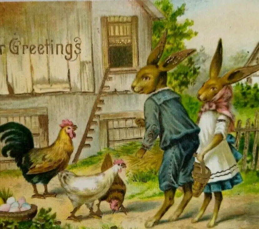 Easter Postcard Humanized Anthropomorphic Dressed Bunnies Rabbits Gel Germany