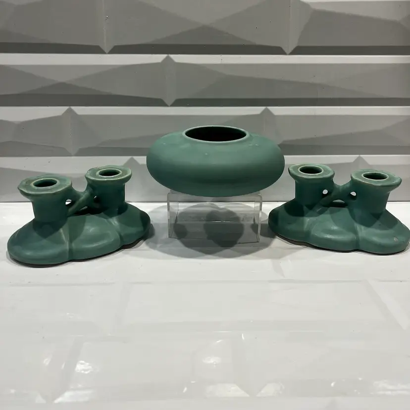 WELLER POTTERY Set 2- Double Candle Holder GLORIA Teal & Bowl