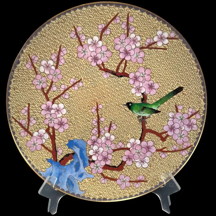 Large Cloisonné Bird In Flower Tree Plate, Green Bird And Pink Flowers Cloisonné Plate, Decorative Plate, Cloisonné Decor