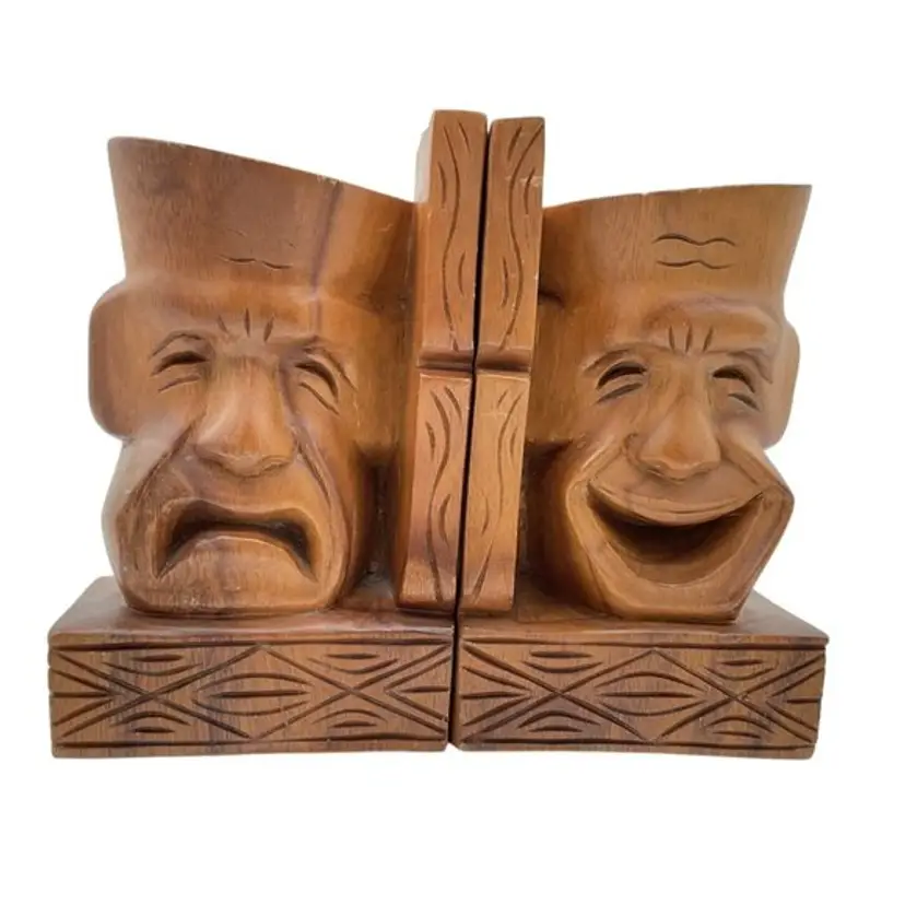 Vtg 1960s MCM Comedy & Tragedy Theatre Bookends Solid Wood by Mirsani 8 x 5 x 3