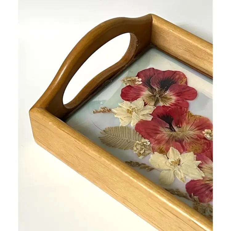 Handmade Rectangle Wooden Tray With Handles Pressed Flowers Pink Pansies 9.2x5x2.2 in