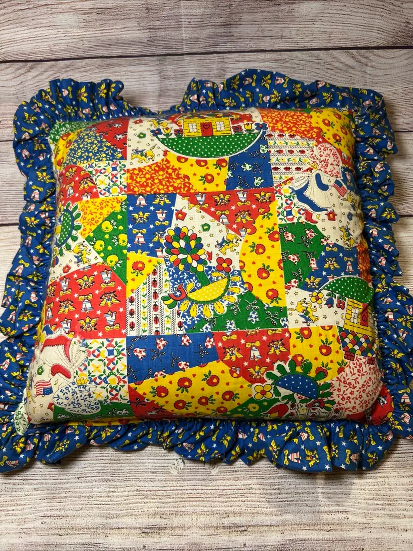 Vtg Fabric Throw Pillow Red Blue Yellow Patriotic 1970s 15” Ruffle Edge Boho