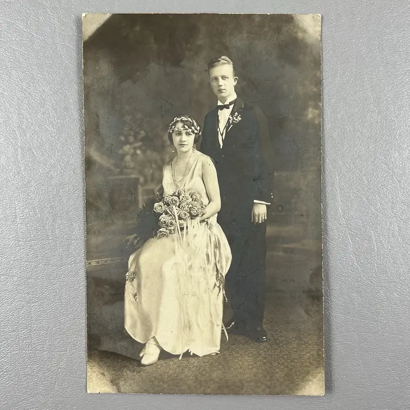 Antique Wedding B&W Photo Portrait Beautiful Couple Large Rose Bouquet 7.5x4.5"