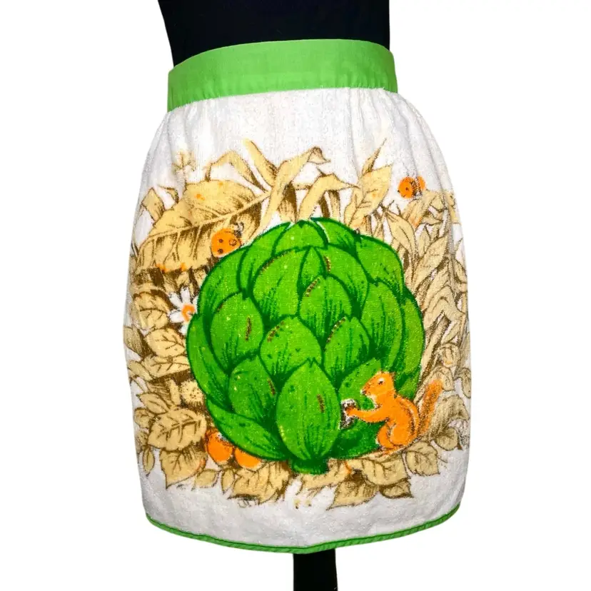 Vintage 1970s Retro Terry Dish Cloth Apron Artichoke, Squirrel, Ladybug, Bee, White Green 65"