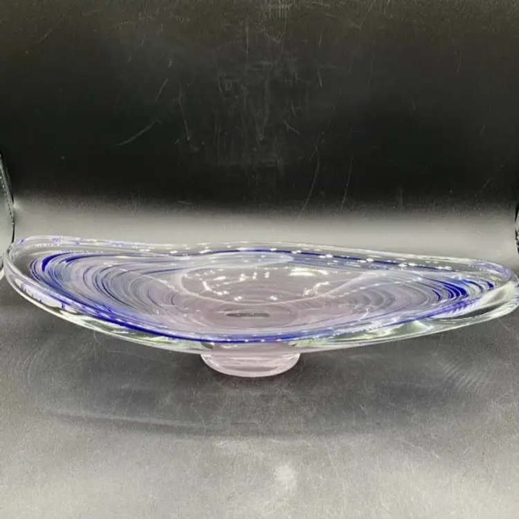 Art Glass Centerpiece Bowl Blue Purple Swirl compote ablong
