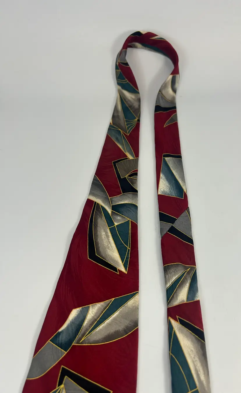Vintage Chez Roffe Red, Blue, Gray Design Imported Silk Necktie 59.75