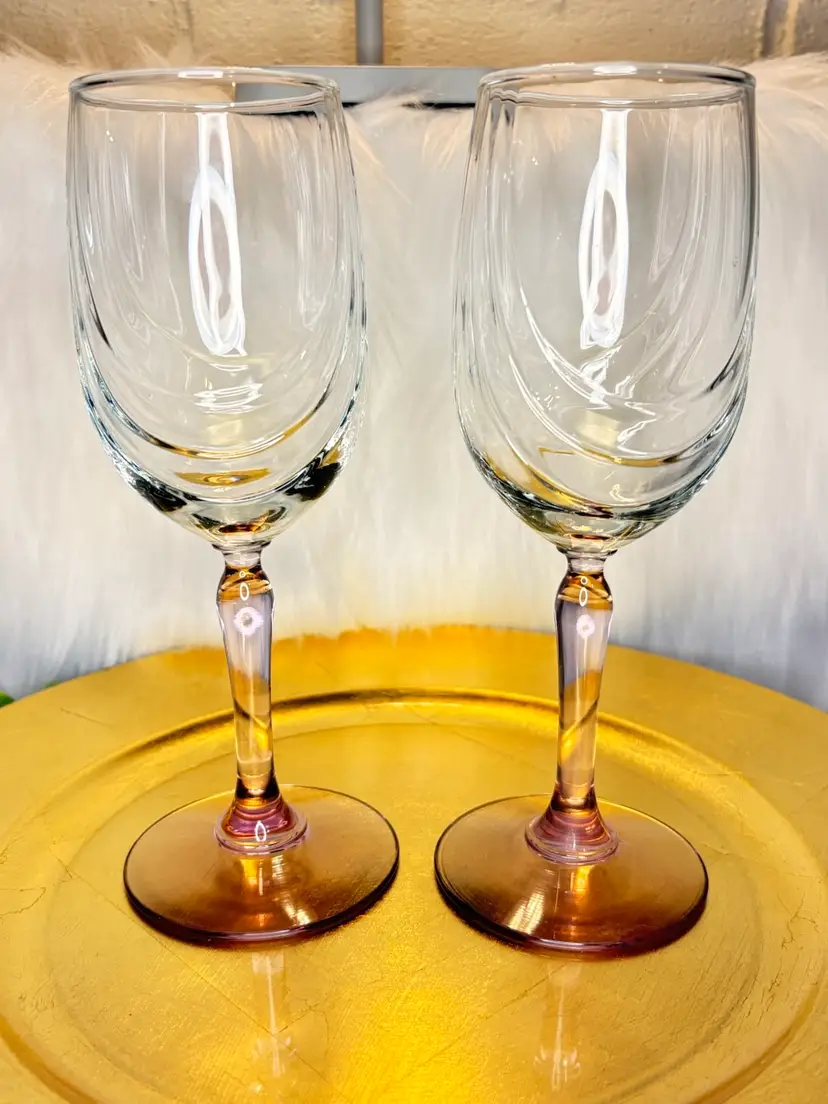 Vintage Tulip-Shaped Wine Glasses w/Lavender Toned Stems & Bases SET OF 2