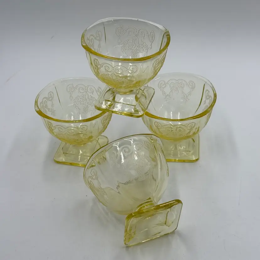 Indiana Glass Lorain Basket Yellow Depression Glass Vintage Four Footed Sherbet Dishes