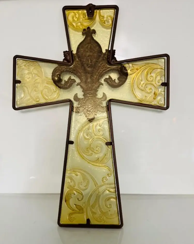 Cross Wall Hanging Metal Glass Bronze Toned Religious Spiritual Home Decor 16"