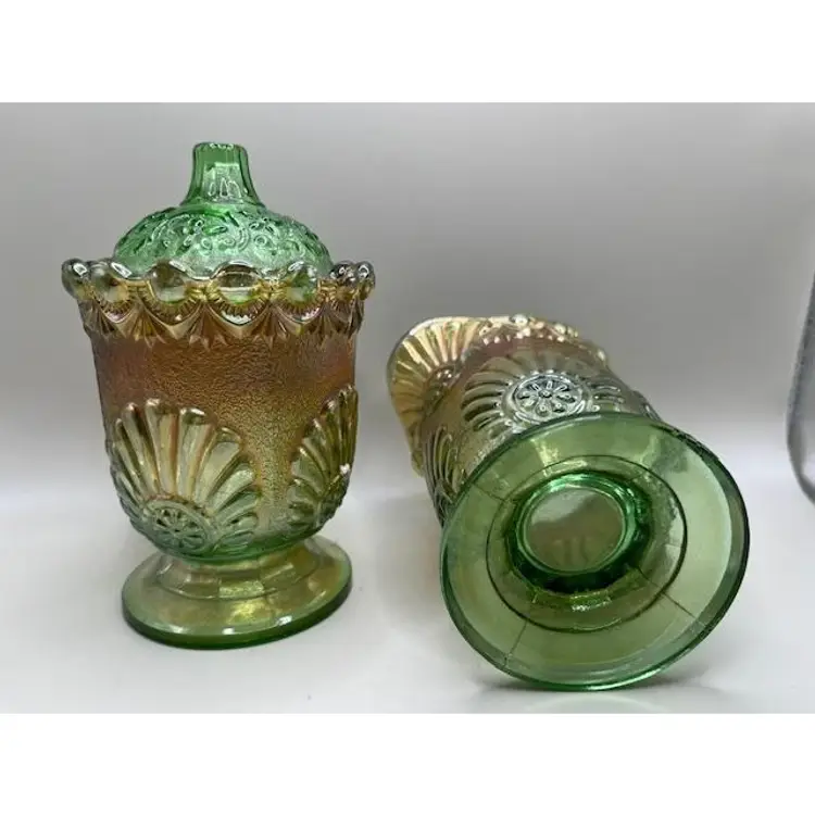 #02 - Vintage Westmoreland Shell & Jewel Green Gold Carnival Glass Creamer & Sugar Set ~ Iridescent Finish