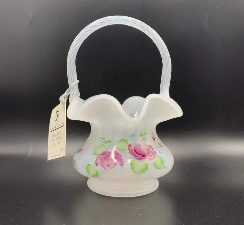 Fenton Art Glass White Opaline Hand painted Basket cottage rose cottagecore