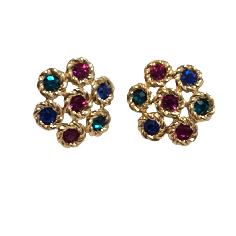 Vtg 90s Swarovski Multi Crystal Flower Post Earrings