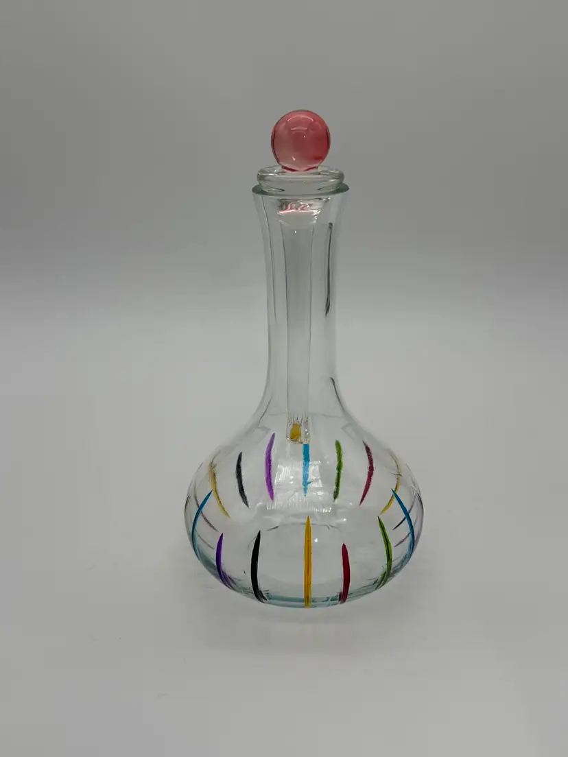 Vintage Colorful Art Glass Perfume Bottle With Glass Top & Dabber Etched Design