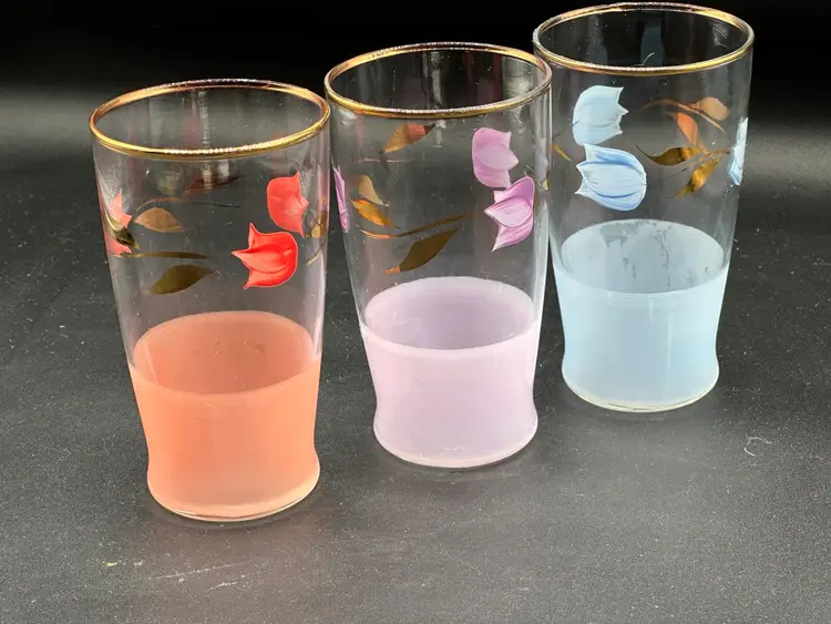 MCM Handpainted Glass Tumblers Multicolor Floral & Gold Accents 10 oz Set Of 3