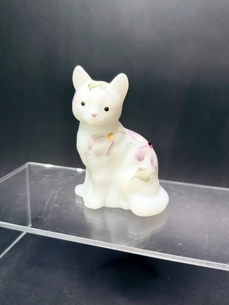 Fenton Opal Satin  Cat  Kitty HP Signed M Young Flowers And Sparkles