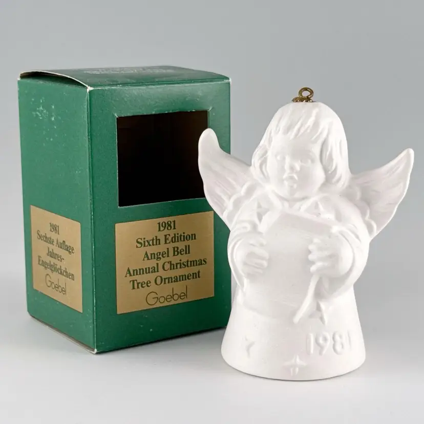 Goebel 1981 Angel Bell Choir Singer Christmas Ornament, White Bisque Porcelain, Vintage Made in Germany