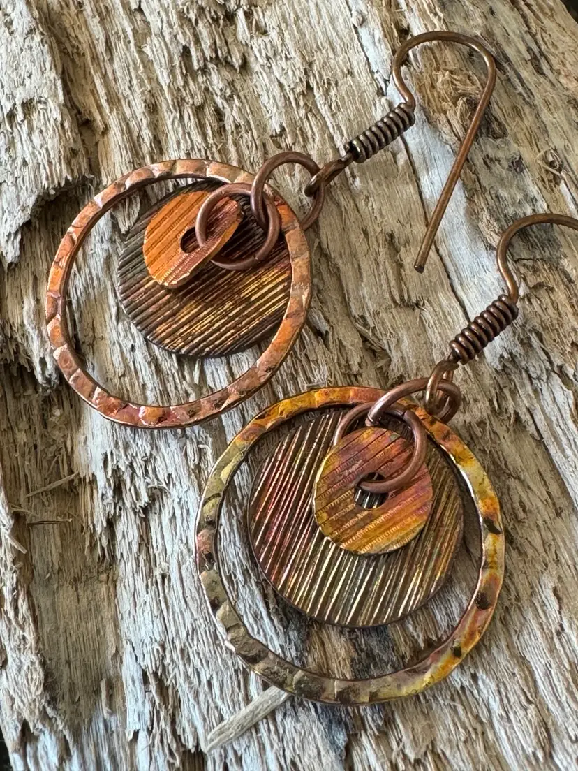 #20 Variegated Hammered And Textured Shapes Earrings Of Copper Metal And Brass. 1 3/4”  1”w