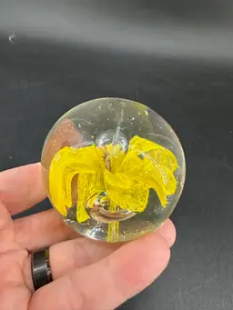 #5 Paperweight. Yellow Flower. Round. 2.5” Tall. **HAS PITTING AND SCRATCHING **