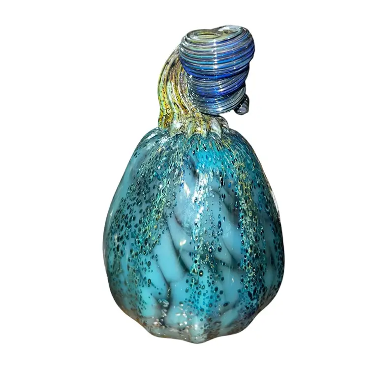 Signed Blue Art Glass Gourd • Pumpkin• Fall Decor•Hand-Blown Studio Sculpture • 2022