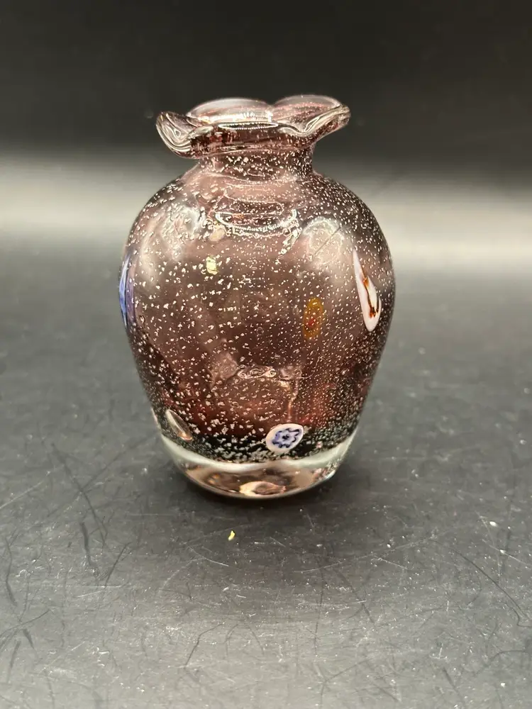 Vtg Murano small purple glass millefiori bud vase, Made in Italy