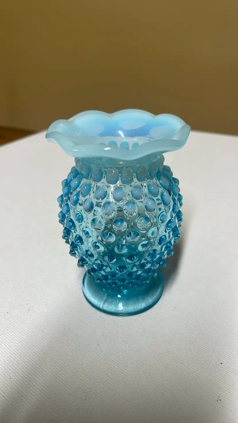 FENTON pale blue opalescent VASE 8 point ruffled edge HOBNAIL