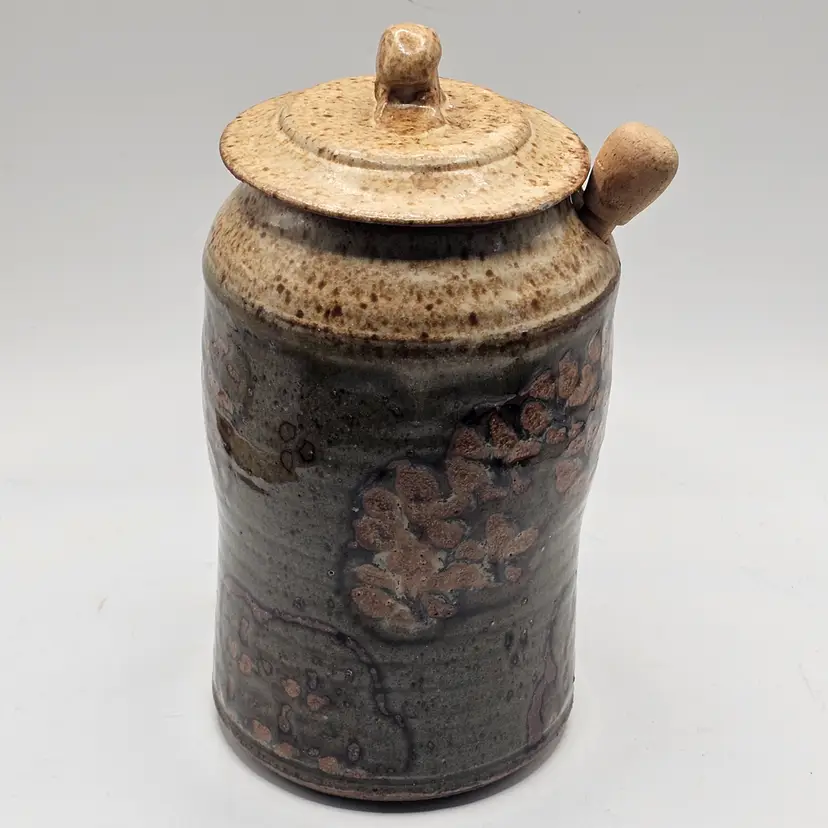 Studio Art Pottery honey Pot with lid and wooden honey spoon Signed