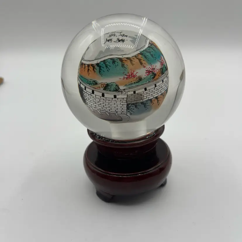 THE GREAT WALL OF CHINA Glass Globe Reverse Hand Painted Signed & Spins 4.5”