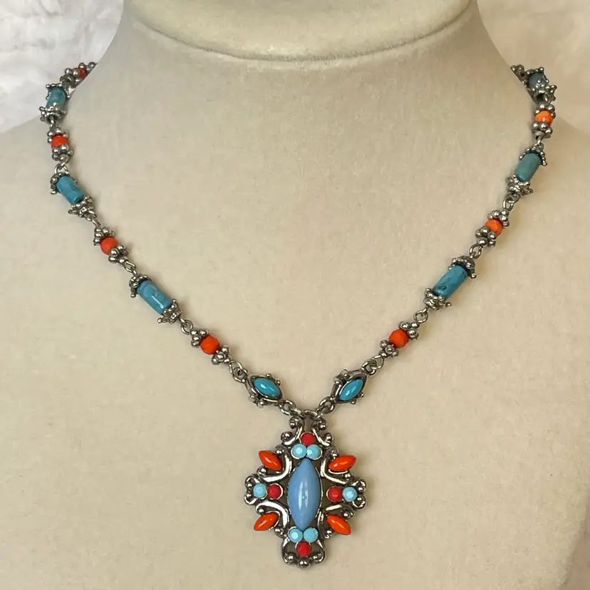 Southwestern Turquoise Coral Style Necklace Silver Tone Statement Pendant Boho