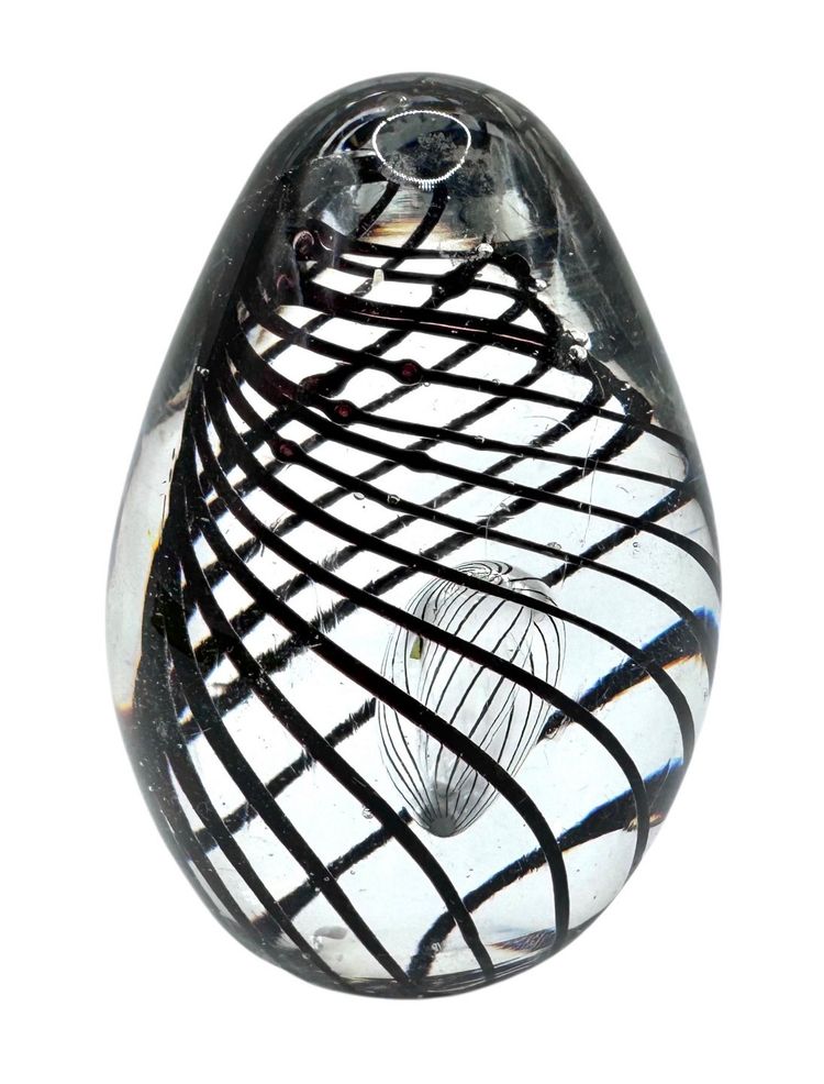 Art Glass Egg Shaped Paperweight Bubble Black Swirl 2.75”