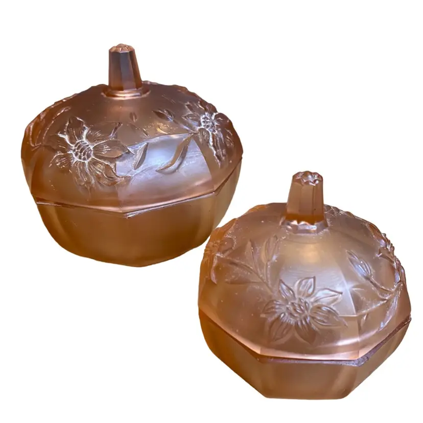 Vintage Powder Trinket Dish Spring Pink Floral Satin Glass Vanity Set