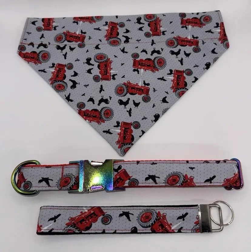 Dog Collar & Bandana Red Farm Tractor Print Large Handmade Heavy Duty NEW
