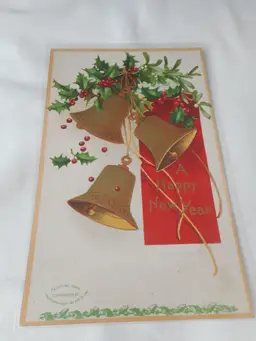 Vintage New Year's Postcard unposted used Bells Holly Embossed Ellen Chapsaddle