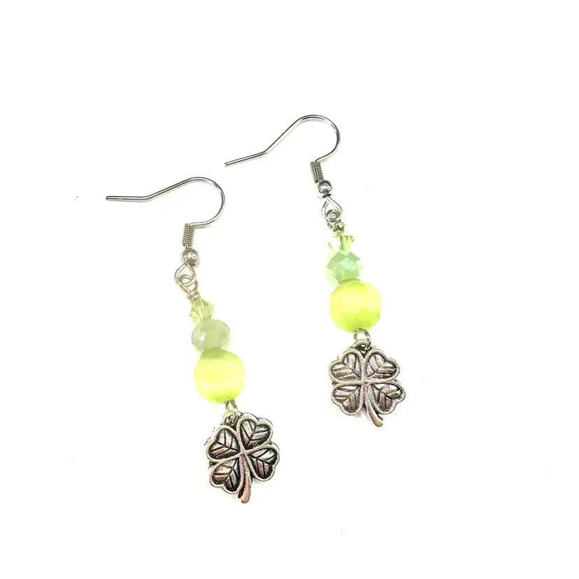 St. Patrick’s Day Lucky Four Leaf Clover Earrings Silver Tone 2” Made By Me