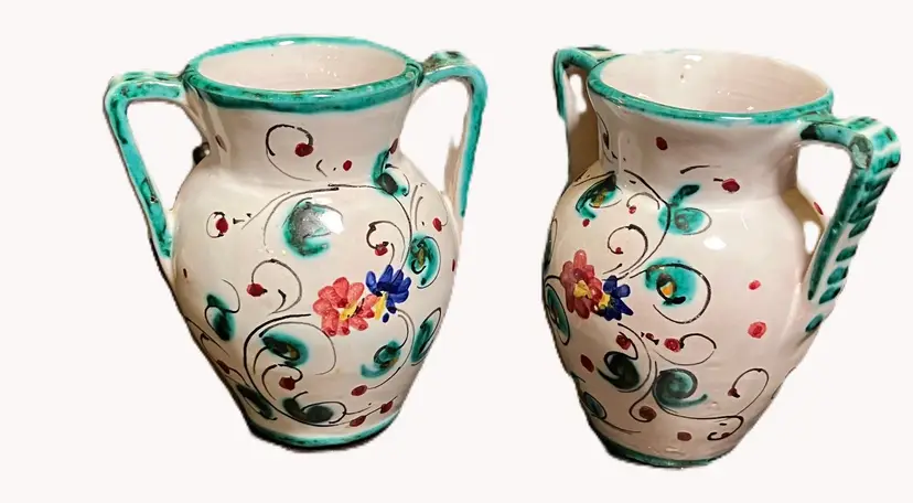 VTG 2 Italian Art Pottery Vases Jugs Teal Rooster