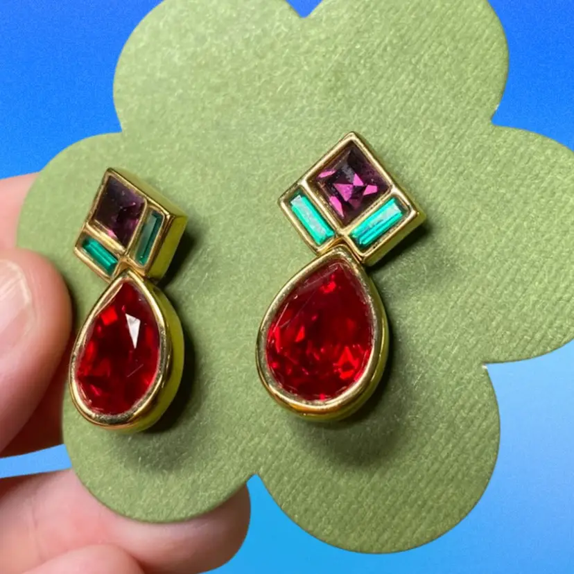 Swarovski Gold Toned Earrings - Red, Aqua, Purple - Pierced