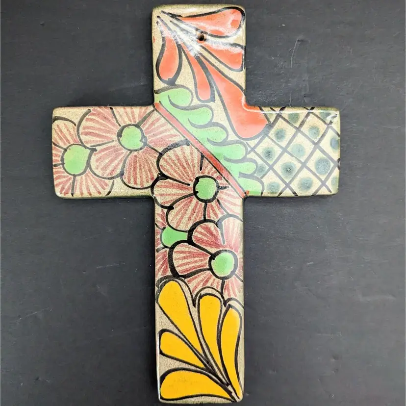 Talavera Pottery Cross 8.25" x 6" Handmade in Mexico Green Orange Yellow