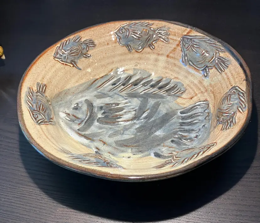 Studio Pottery Serving Console Bowl Dimensional Fish Signed