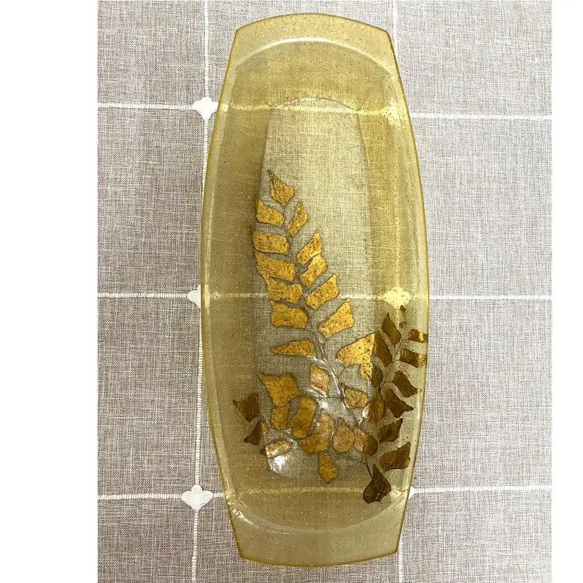 VTG Lucite Acrylic Gold Leaves Midcentury Yellow Bubbles Serving Dish Long Tray