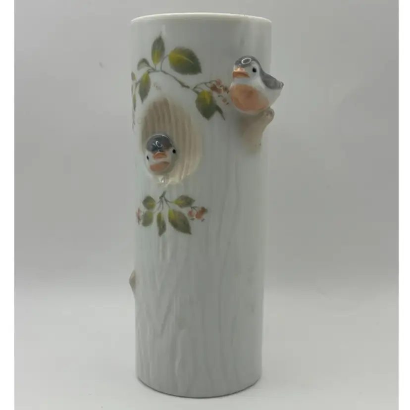 Vintage  Porcelain Birds in Tree Trunk Cylinder Floral Vase  Takahashi Japan