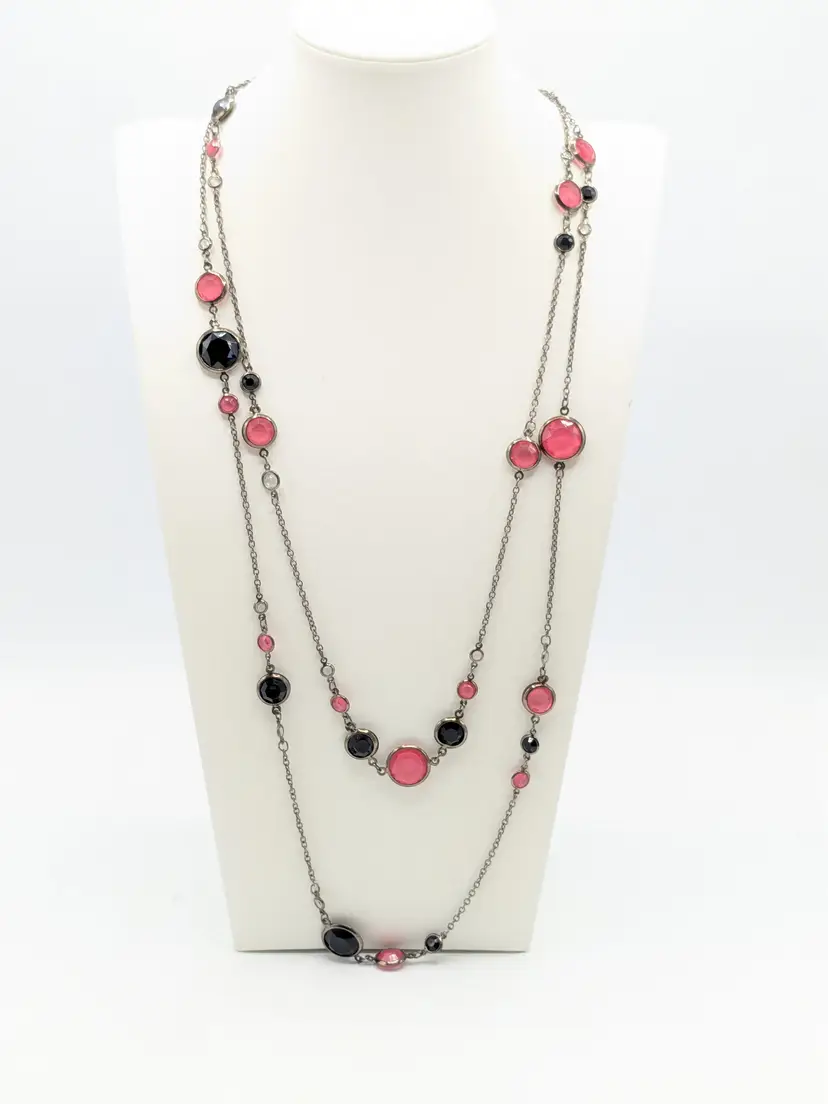 Silver Tone Chain Pink and Black Accents Necklace